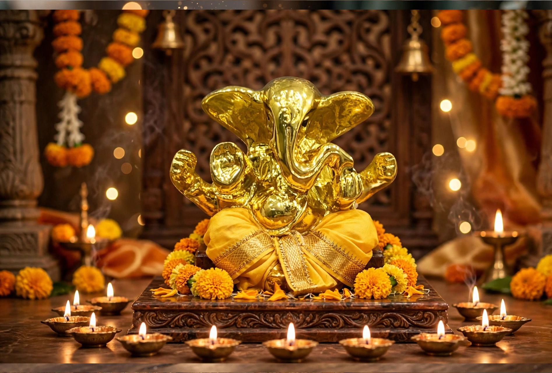 Royal Gaddi Ganesh Idol – Premium Gold Matte Finish